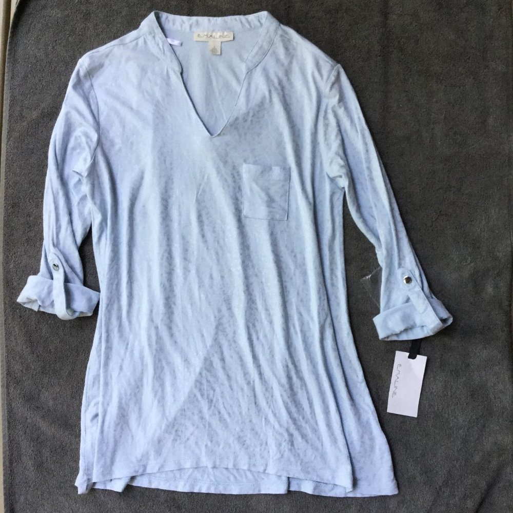 Blue 3/4 Sleeve Tunic with Mandarin Collar